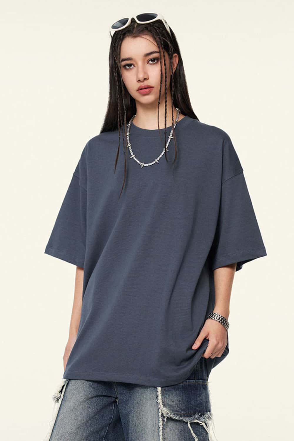 Ultra-Heavyweight Drop-Shoulder T-Shirt in Grayish Blue - full-length front modeled view