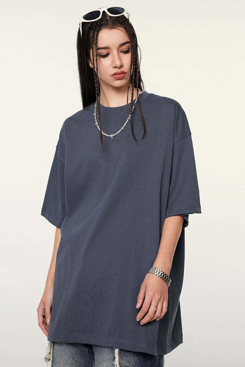 Ultra-Heavyweight Drop-Shoulder T-Shirt in Grayish Blue - full-length front modeled view