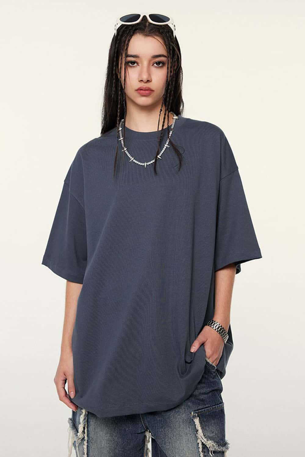 Ultra-Heavyweight Drop-Shoulder T-Shirt in Grayish Blue - front product view