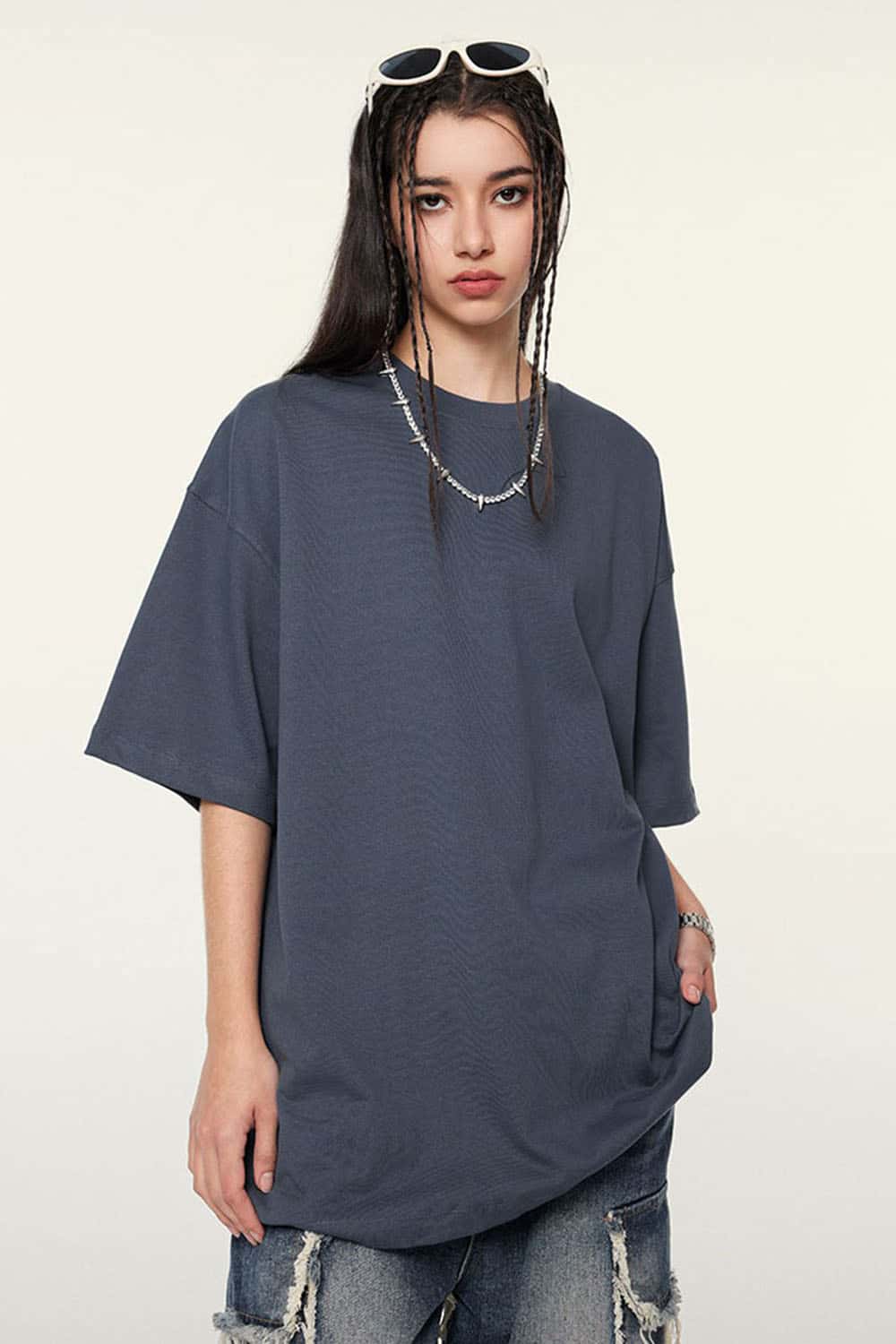 Ultra-Heavyweight Drop-Shoulder T-Shirt in Grayish Blue - product detail close-up