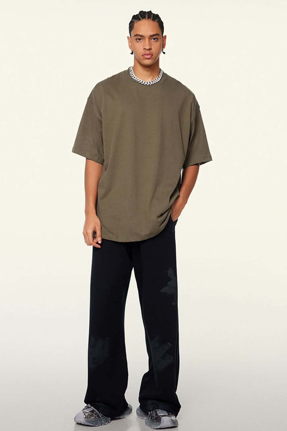 Ultra-Heavyweight Drop-Shoulder T-Shirt in Grayish Coffee - full-length front modeled view