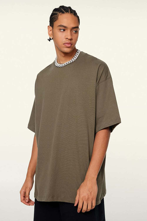 Ultra-Heavyweight Drop-Shoulder T-Shirt in Grayish Coffee - three-quarter front modeled view