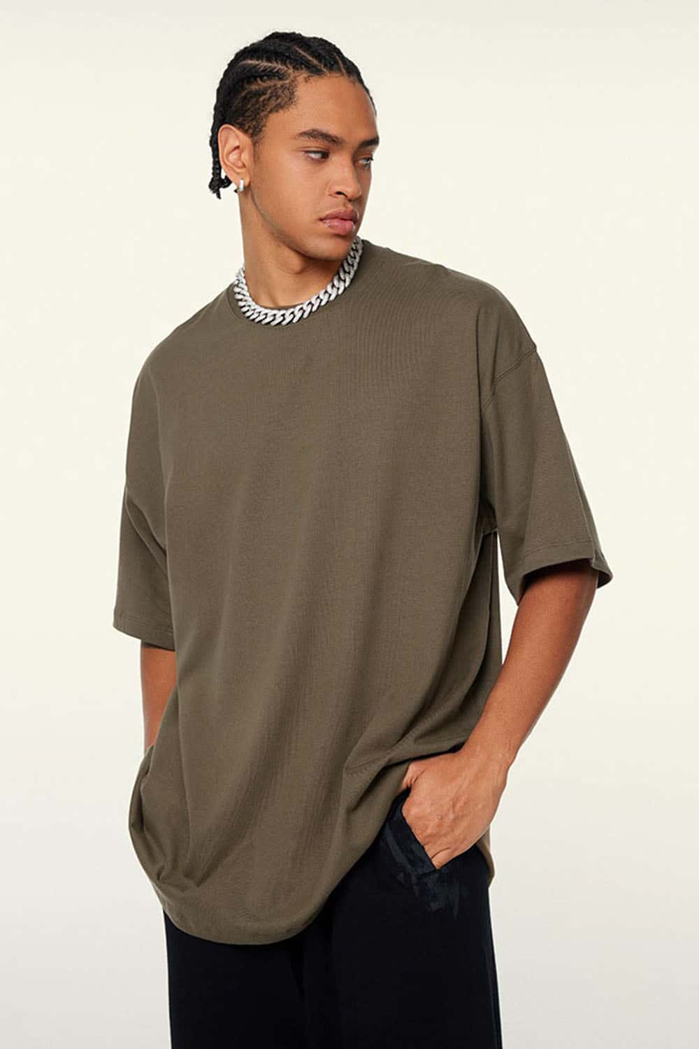 Ultra-Heavyweight Drop-Shoulder T-Shirt in Grayish Coffee - three-quarter front modeled view