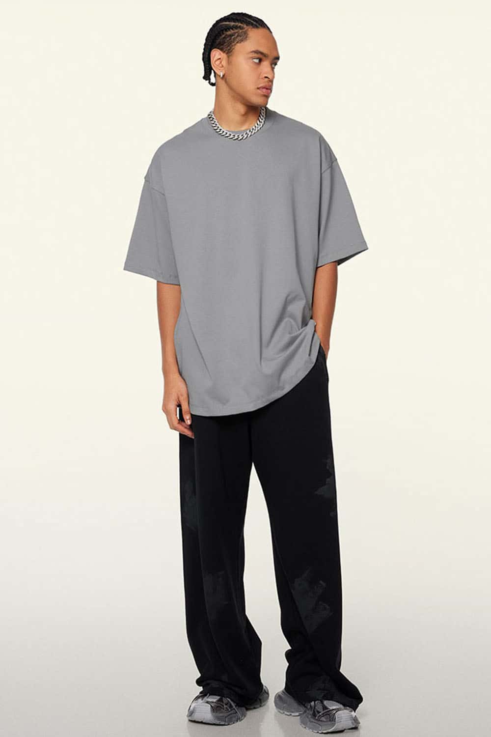 Ultra-Heavyweight Drop-Shoulder T-Shirt in Medium Gray - product detail close-up