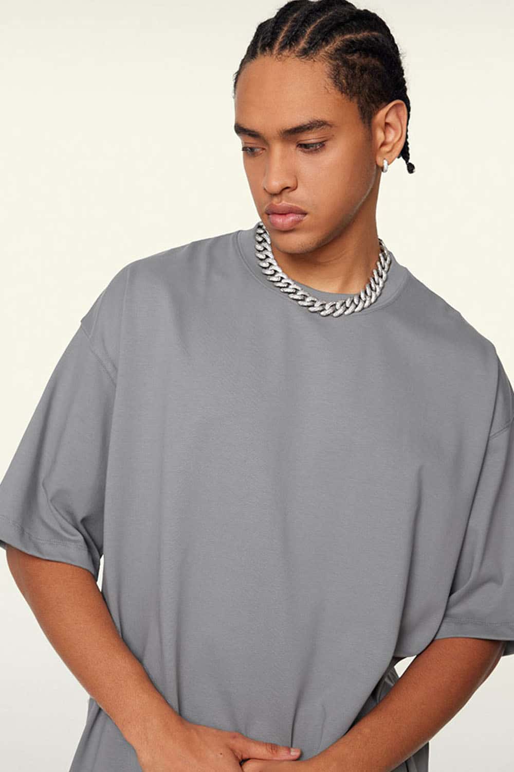 Ultra-Heavyweight Drop-Shoulder T-Shirt in Medium Gray - three-quarter front modeled view