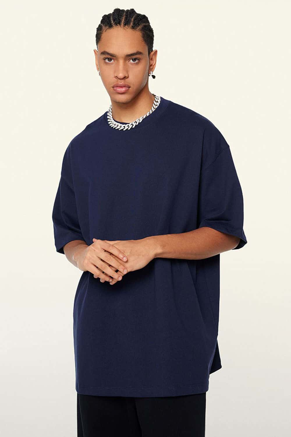 Ultra-Heavyweight Drop-Shoulder T-Shirt in Navy Blue - full-length front modeled view