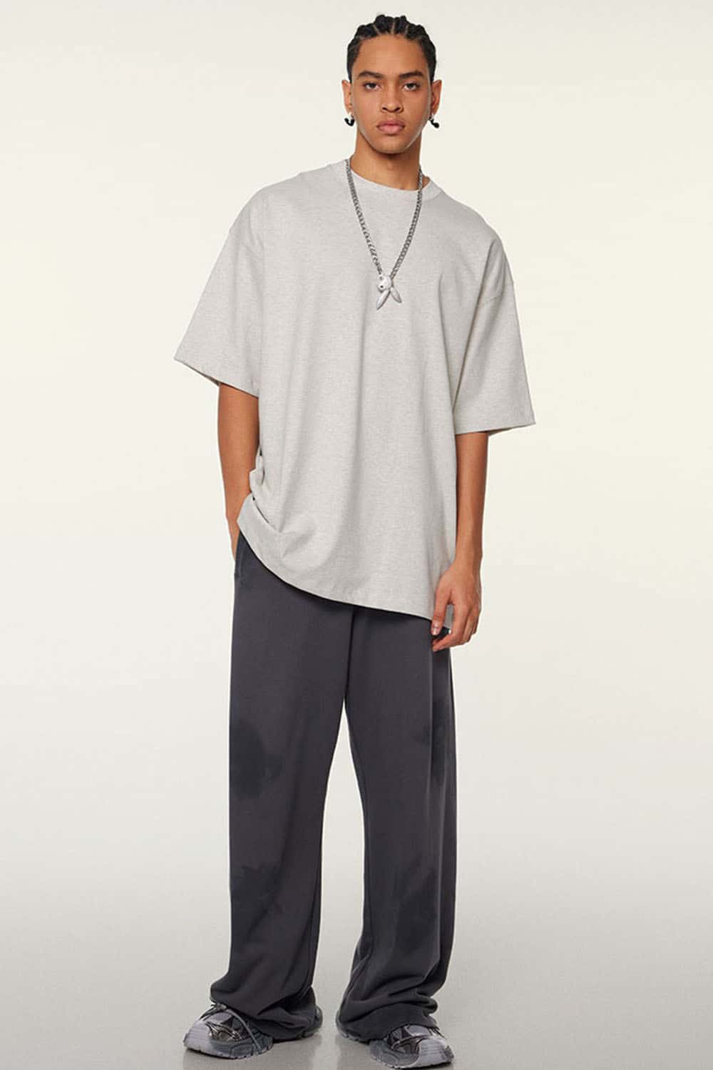 Ultra-Heavyweight Drop-Shoulder T-Shirt in Oat Gray - full-length front modeled view