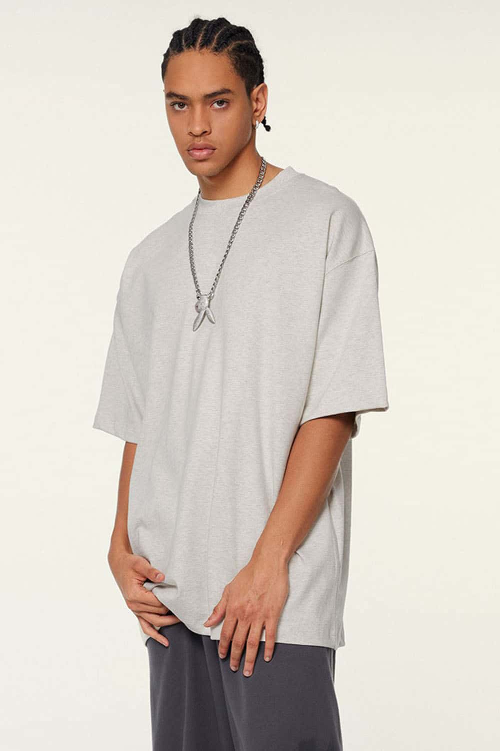 Ultra-Heavyweight Drop-Shoulder T-Shirt in Oat Gray - full-length front modeled view