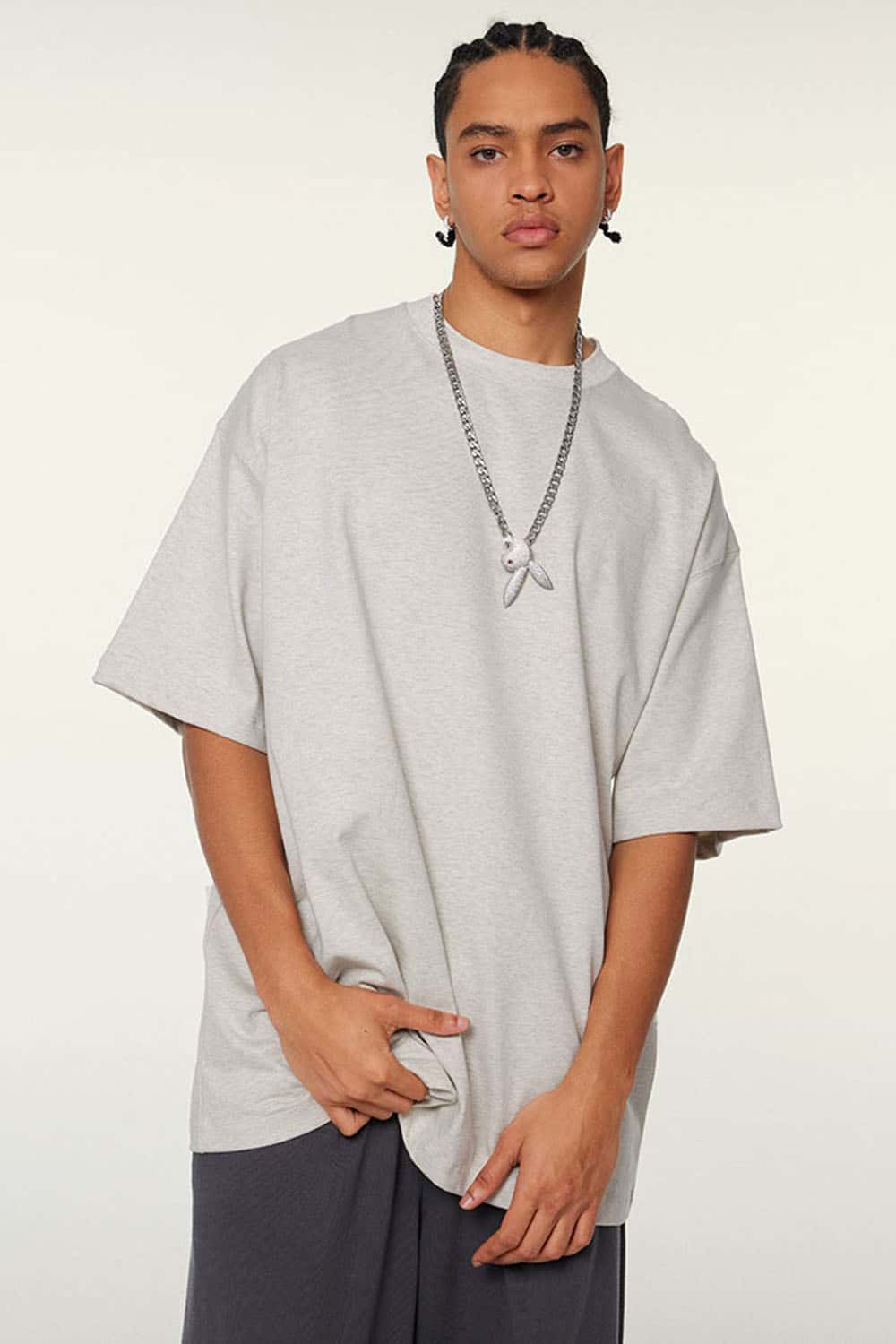 Ultra-Heavyweight Drop-Shoulder T-Shirt in Oat Gray - product detail close-up