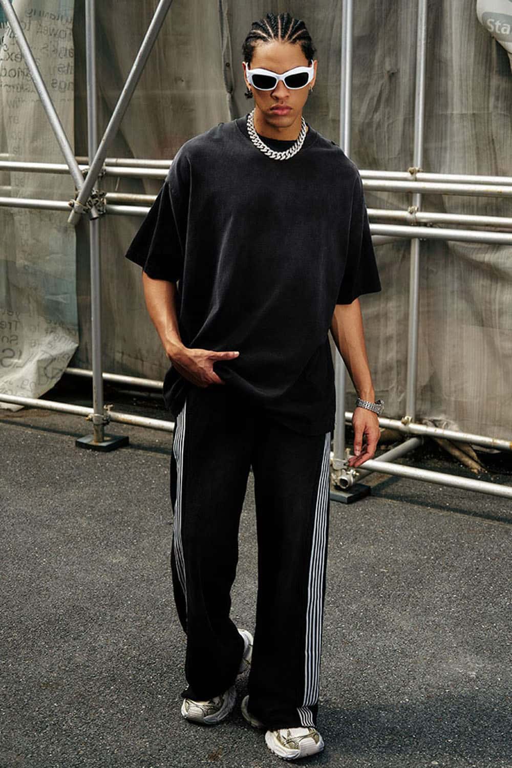 Heavyweight Washed Drop-Shoulder Cotton T-Shirt in Black - full-length front modeled view