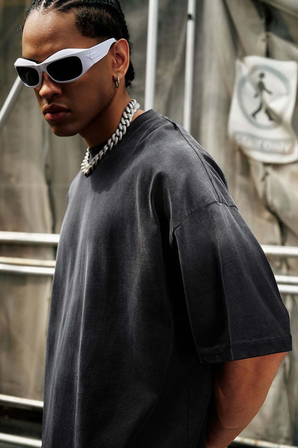 Heavyweight Washed Drop-Shoulder Cotton T-Shirt in Black - side modeled view