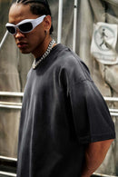 Heavyweight Washed Drop-Shoulder Cotton T-Shirt in Black - side modeled view