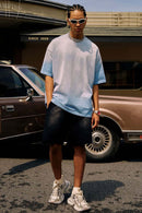 Heavyweight Washed Drop-Shoulder Cotton T-Shirt in Blue - full-length front modeled view