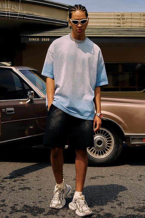 Heavyweight Washed Drop-Shoulder Cotton T-Shirt in Blue - full-length front modeled view