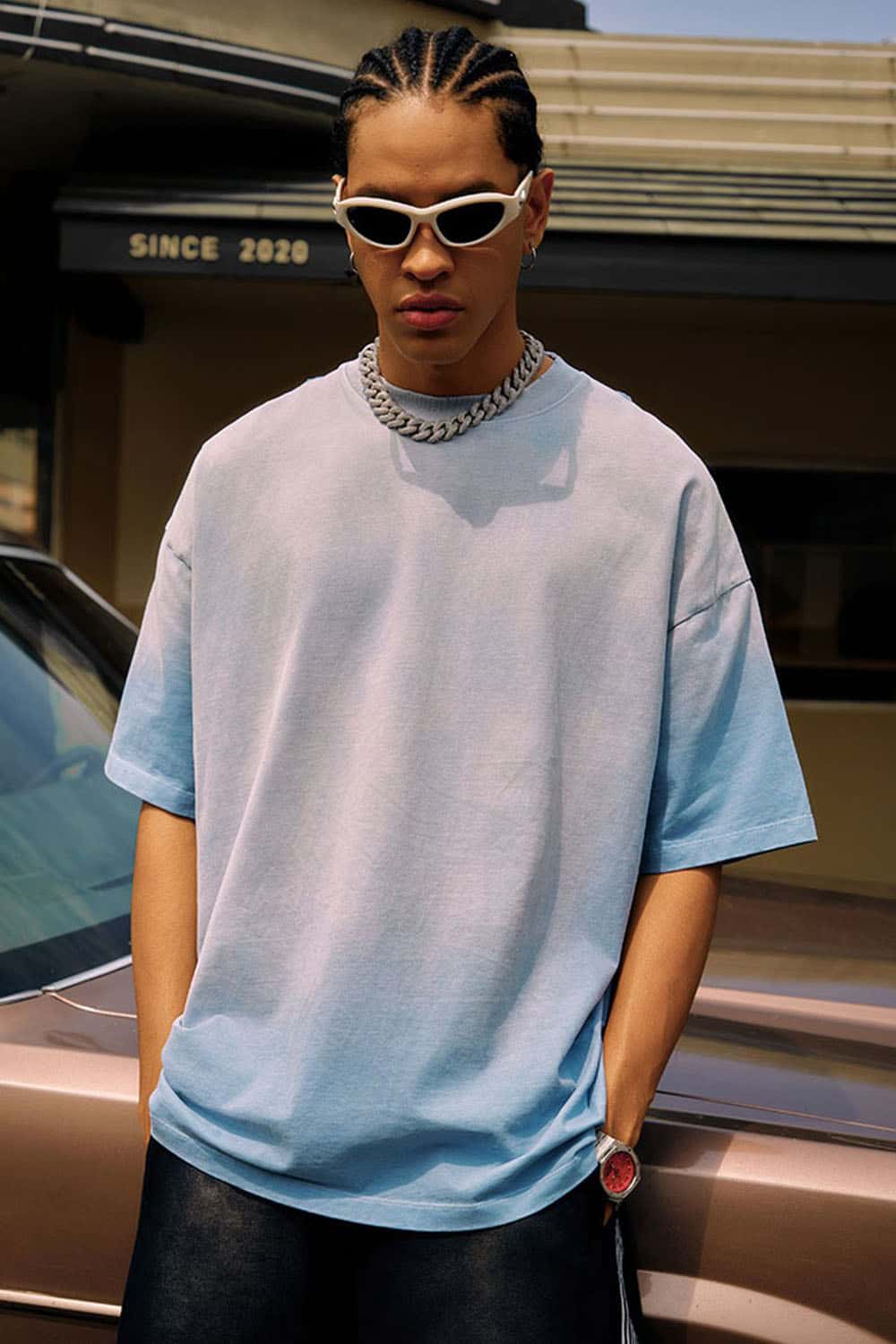 Heavyweight Washed Drop-Shoulder Cotton T-Shirt in Blue - front modeled view