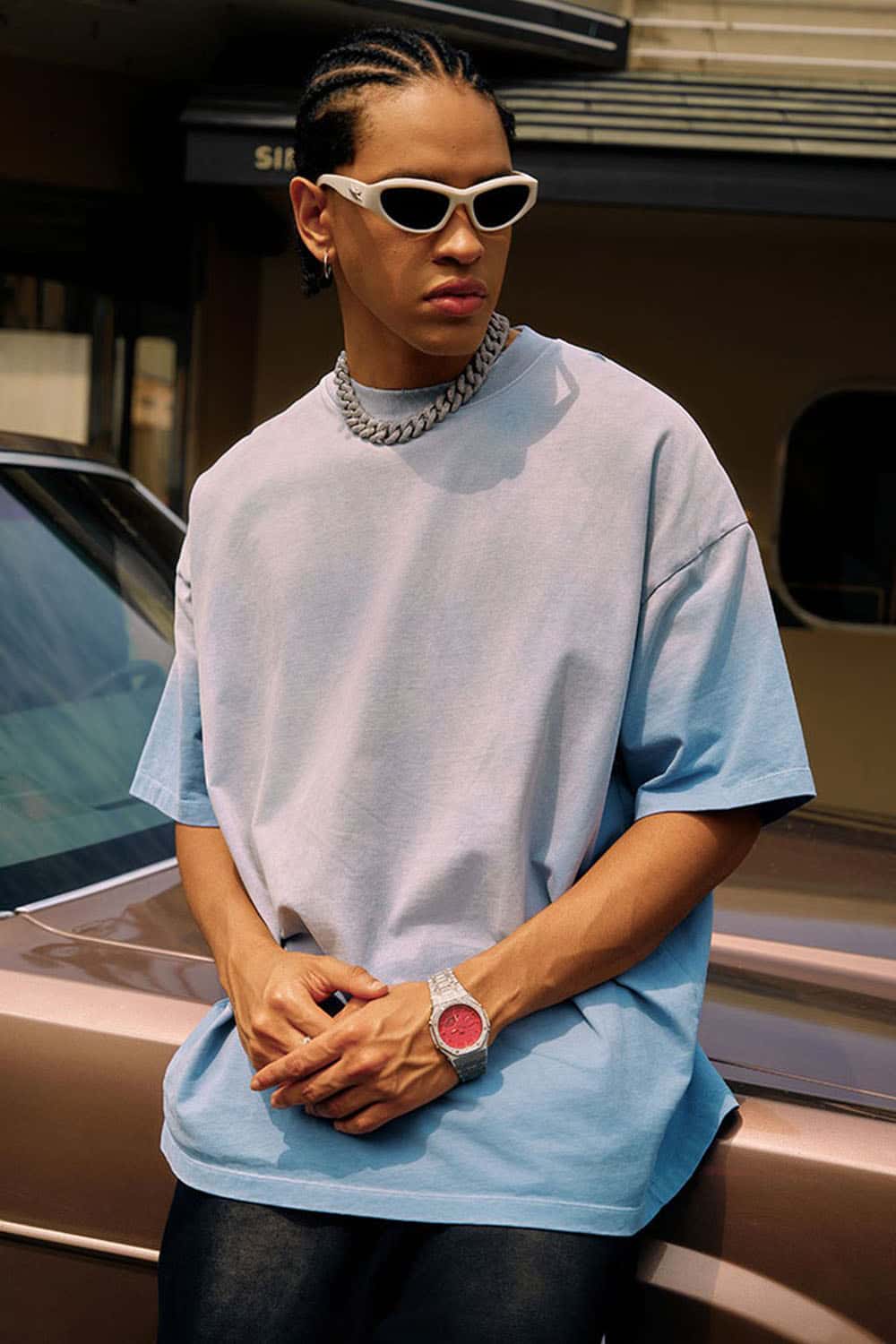 Heavyweight Washed Drop-Shoulder Cotton T-Shirt in Blue - product detail close-up