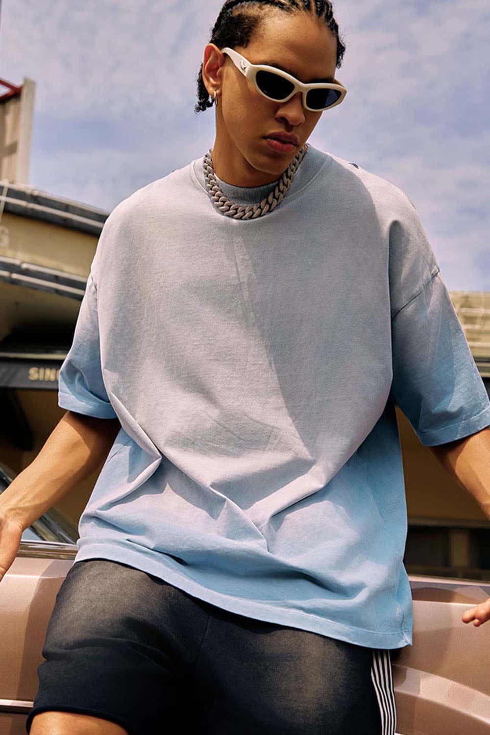 Heavyweight Washed Drop-Shoulder Cotton T-Shirt in Blue - side modeled view