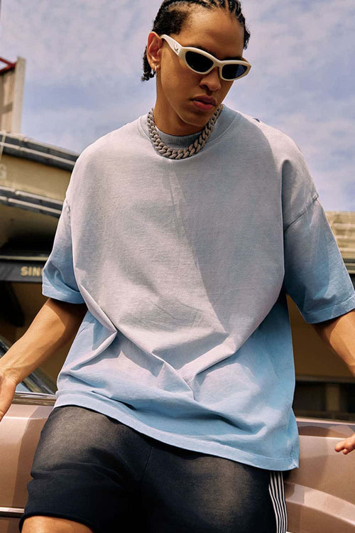 Heavyweight Washed Drop-Shoulder Cotton T-Shirt in Blue - side modeled view