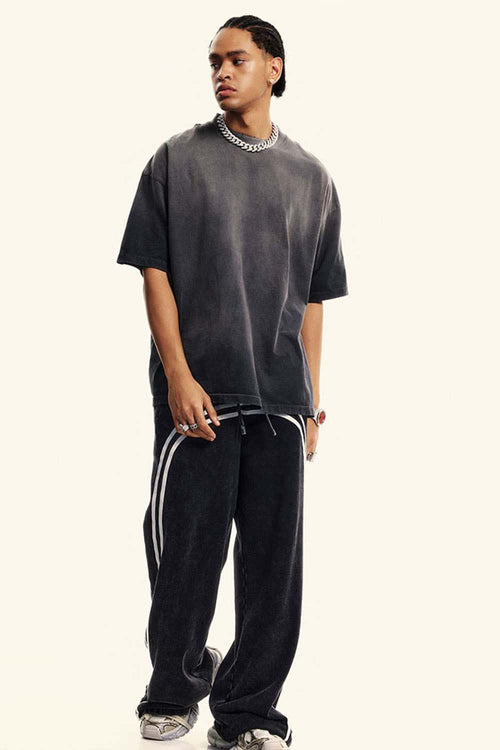 Heavyweight Washed Drop-Shoulder Cotton T-Shirt in Dirty Gray - full-length front modeled view