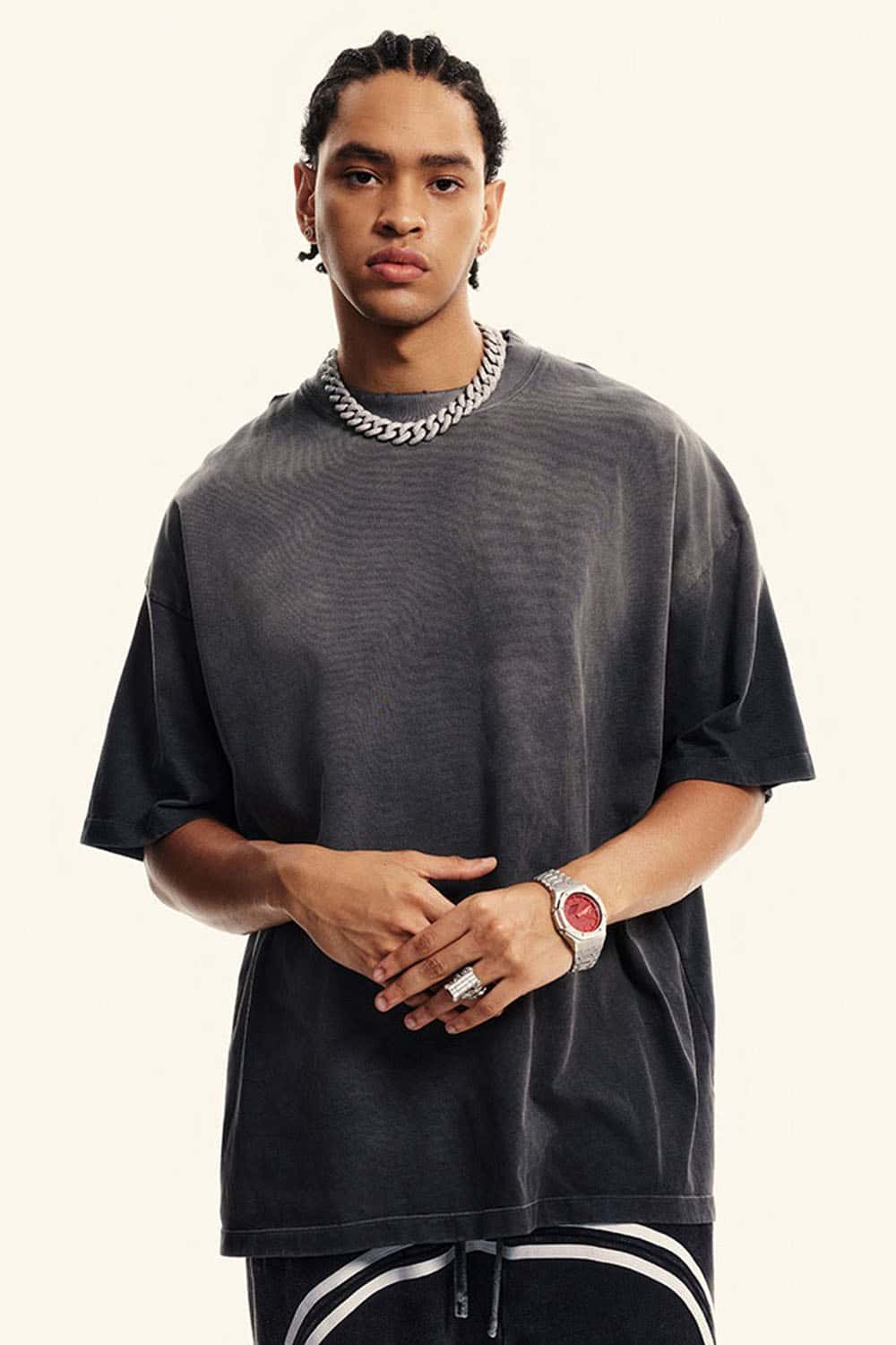 Heavyweight Washed Drop-Shoulder Cotton T-Shirt in Dirty Gray - product detail close-up