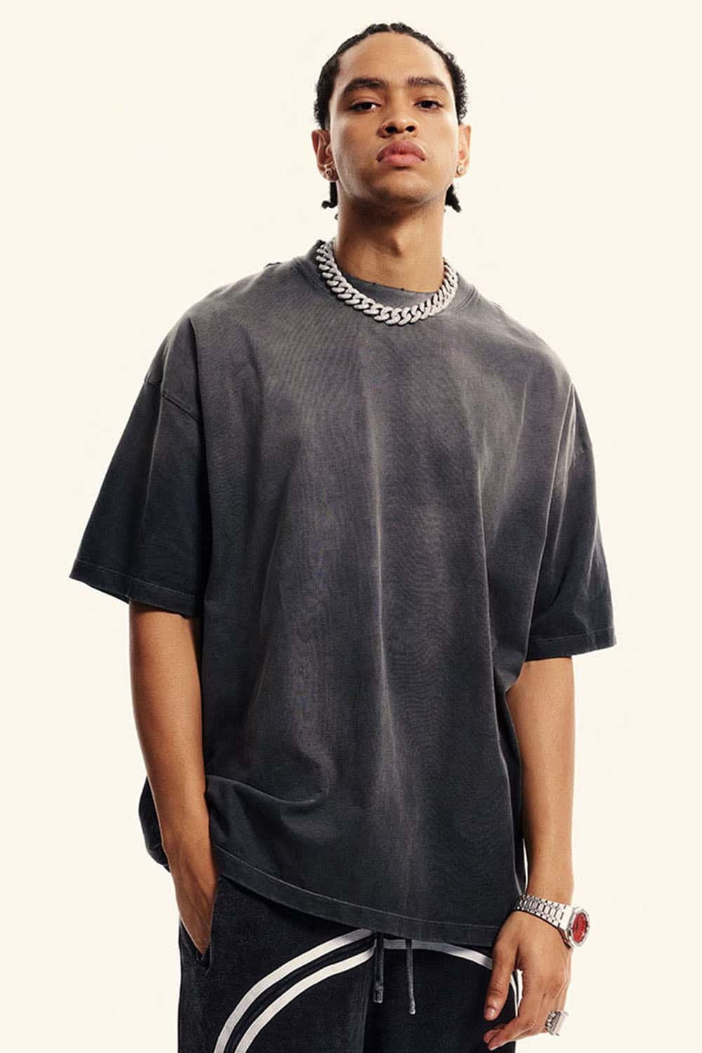 Heavyweight Washed Drop-Shoulder Cotton T-Shirt in Dirty Gray - front modeled view