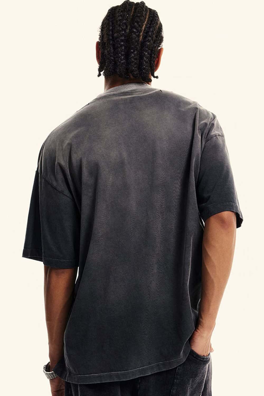 Heavyweight Washed Drop-Shoulder Cotton T-Shirt in Dirty Gray - side modeled view