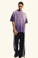 Heavyweight Washed Drop-Shoulder Cotton T-Shirt in Grape Purple - full-length front modeled view