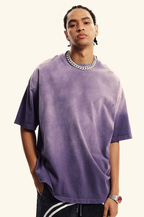 Heavyweight Washed Drop-Shoulder Cotton T-Shirt in Grape Purple - front modeled view