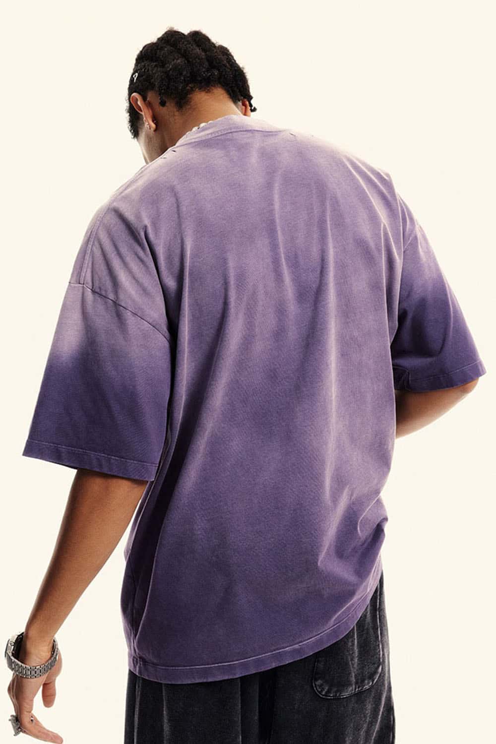 Heavyweight Washed Drop-Shoulder Cotton T-Shirt in Grape Purple - side modeled view