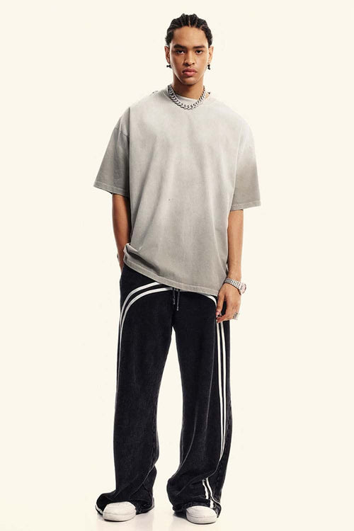 Heavyweight Washed Drop-Shoulder Cotton T-Shirt in Light Gray - full-length front modeled view