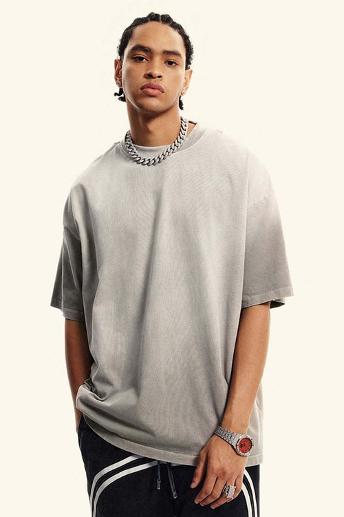 Heavyweight Washed Drop-Shoulder Cotton T-Shirt in Light Gray - product detail close-up