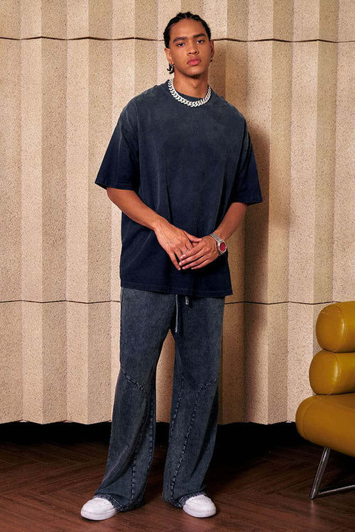 Heavyweight Washed Drop-Shoulder Cotton T-Shirt in Navy Blue - full-length front modeled view
