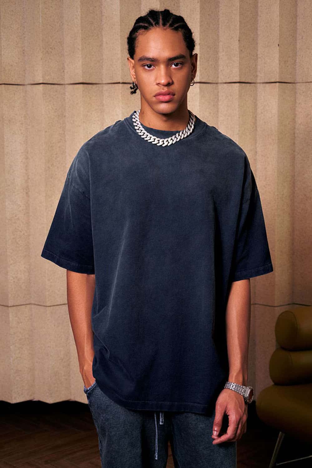 Heavyweight Washed Drop-Shoulder Cotton T-Shirt in Navy Blue - front modeled view