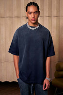 Heavyweight Washed Drop-Shoulder Cotton T-Shirt in Navy Blue - front modeled view