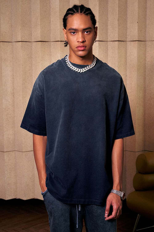 Heavyweight Washed Drop-Shoulder Cotton T-Shirt in Navy Blue - front modeled view
