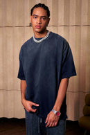 Heavyweight Washed Drop-Shoulder Cotton T-Shirt in Navy Blue - product detail close-up