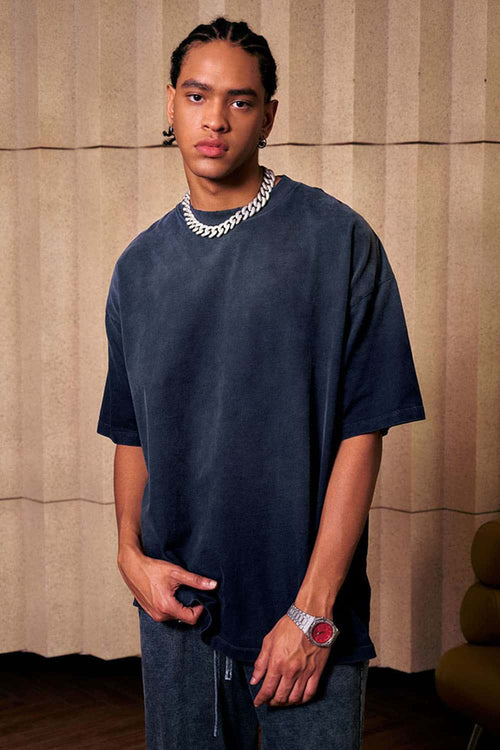 Heavyweight Washed Drop-Shoulder Cotton T-Shirt in Navy Blue - product detail close-up