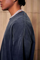 Heavyweight Washed Drop-Shoulder Cotton T-Shirt in Navy Blue - product detail close-up