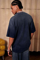 Heavyweight Washed Drop-Shoulder Cotton T-Shirt in Navy Blue - side modeled view