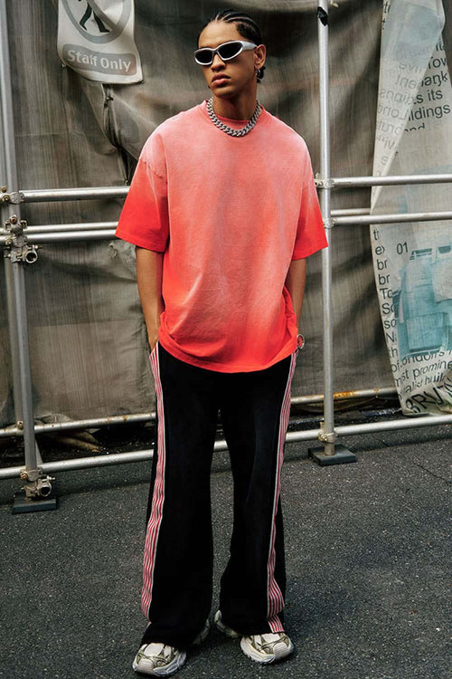 Heavyweight Washed Drop-Shoulder Cotton T-Shirt in Red - full-length front modeled view