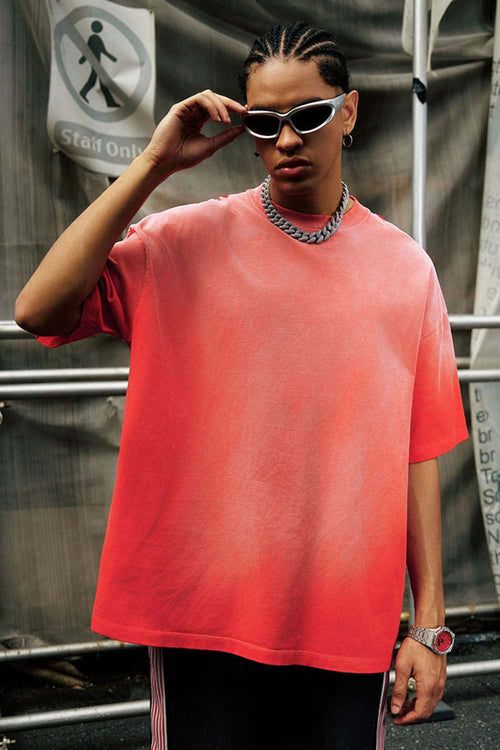 Heavyweight Washed Drop-Shoulder Cotton T-Shirt in Red - front modeled view
