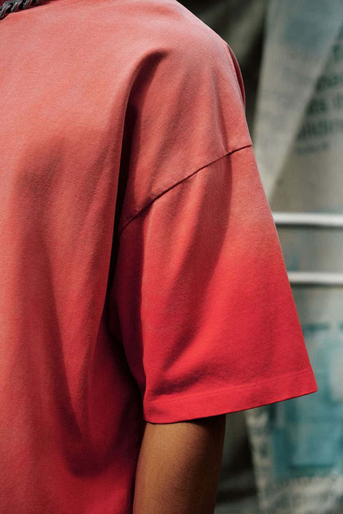 Heavyweight Washed Drop-Shoulder Cotton T-Shirt in Red - product detail close-up