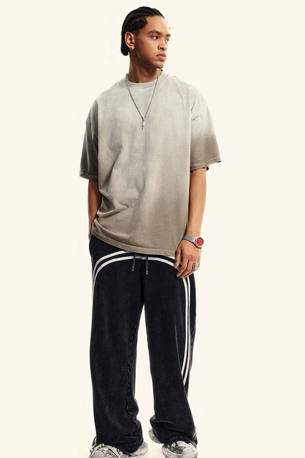 Heavyweight Washed Drop-Shoulder Cotton T-Shirt in Sand - full-length front modeled view