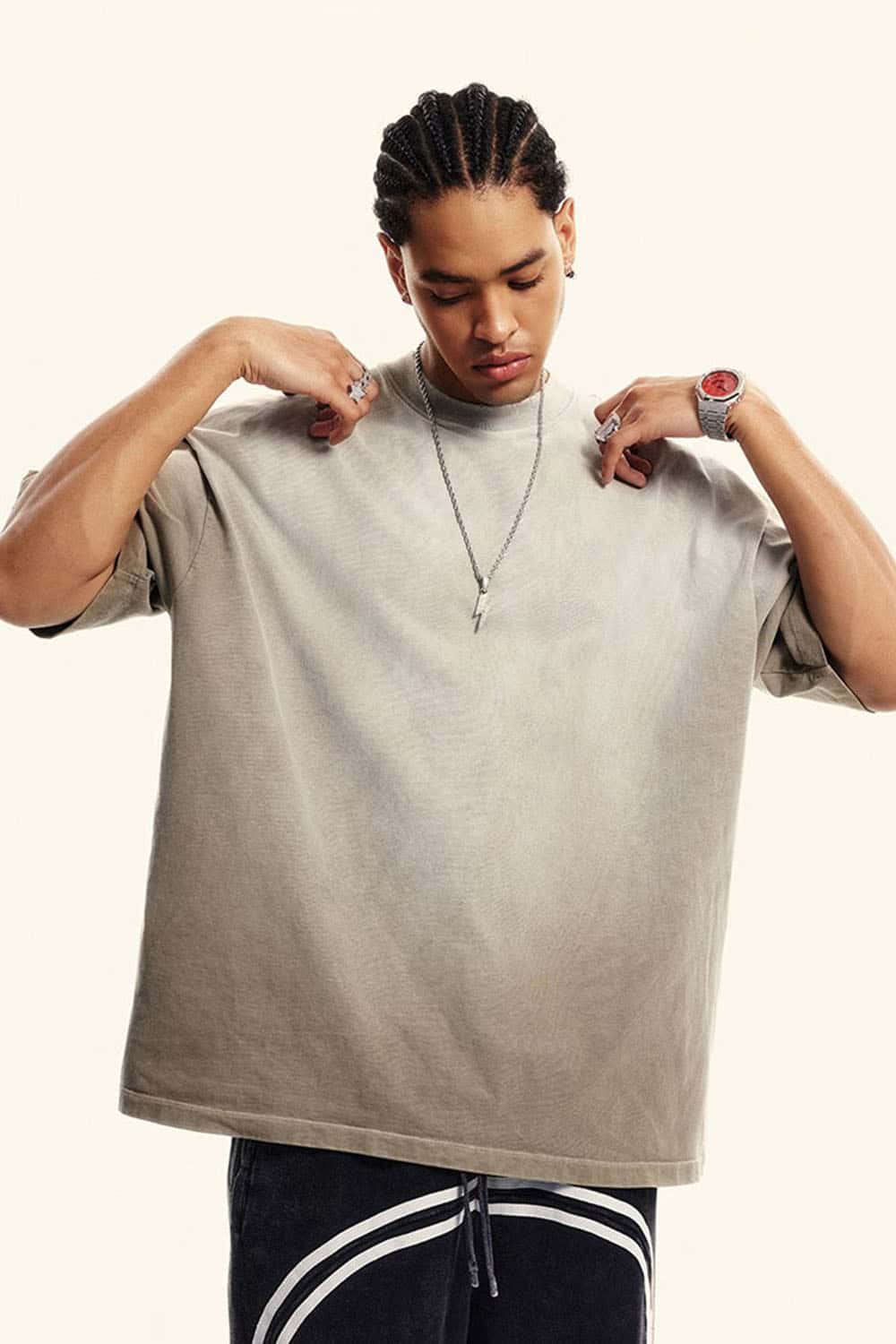 Heavyweight Washed Drop-Shoulder Cotton T-Shirt in Sand - side modeled view