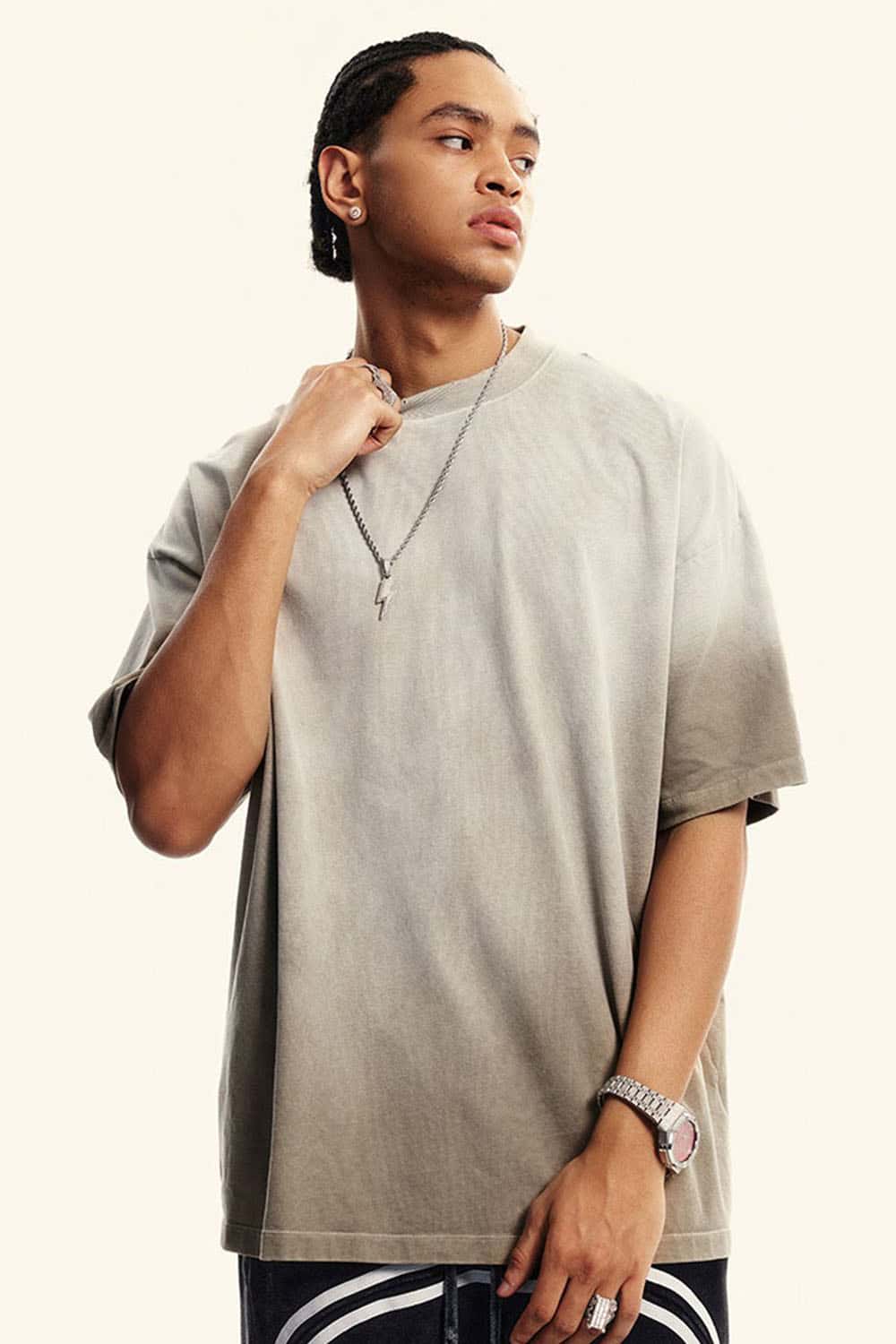Heavyweight Washed Drop-Shoulder Cotton T-Shirt in Sand - product detail close-up
