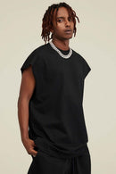 Heavyweight Relaxed Wide-Shoulder Cotton Sleeveless Top in Black - front product view