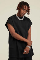 Heavyweight Relaxed Wide-Shoulder Cotton Sleeveless Top in Black - product detail close-up