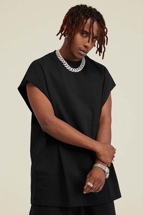 Heavyweight Relaxed Wide-Shoulder Cotton Sleeveless Top in Black - product detail close-up