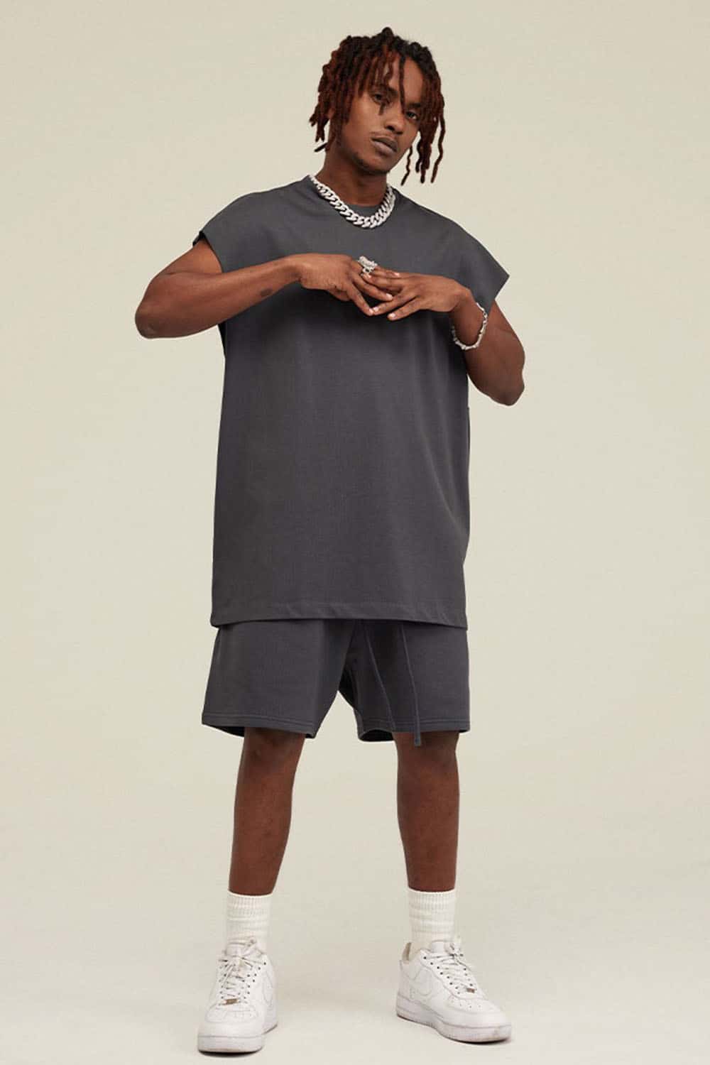 Heavyweight Relaxed Wide-Shoulder Cotton Sleeveless Top in Charcoal - full-length front modeled view