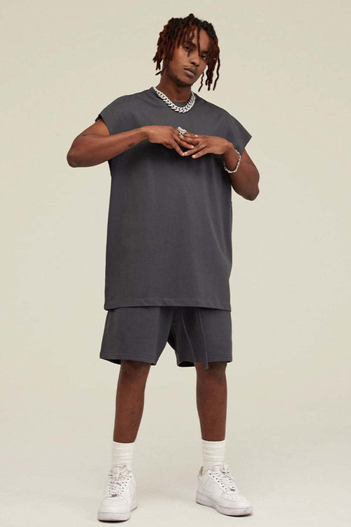 Heavyweight Relaxed Wide-Shoulder Cotton Sleeveless Top in Charcoal - full-length front modeled view